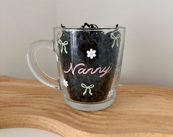 Personalised clear glass mug with bows and flowers Coffee cup Tea Mug Gift ideas Gifts for her Cute gifts Friend Auntie Mum Nan