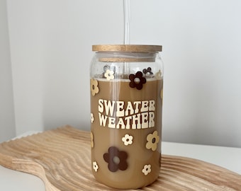 Sweater Weather can glass with Bamboo lid and straw Glass Tumbler Coffee cup Fall Autumn Winter Neutral Floral