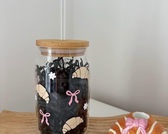 Croissant can glass Bamboo lid and straw Glass Tumbler Iced Coffee Latte cup Brunch