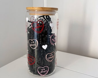 Love hearts can glass with Bamboo lid and straw Glass Tumbler Coffee cup Gifts for her Love Hearts