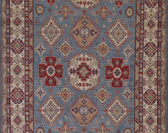 Light Blue Kazak Area Rug 7x10, Handmade Wool Carpet, Geometric Rug