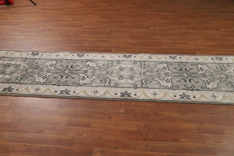 Gray & Ivory Wool Oushak Oriental Runner Rug 2x10 image 4