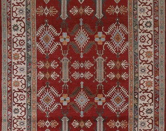 Handmade Geometric Kazak Rug 7x10, Traditional Oriental Wool Carpet