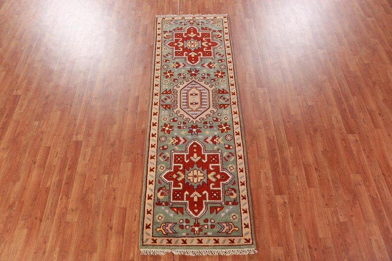 Green Geometric Khotan Indian Runner Rug 3x8, Handknotted Wool Carpet