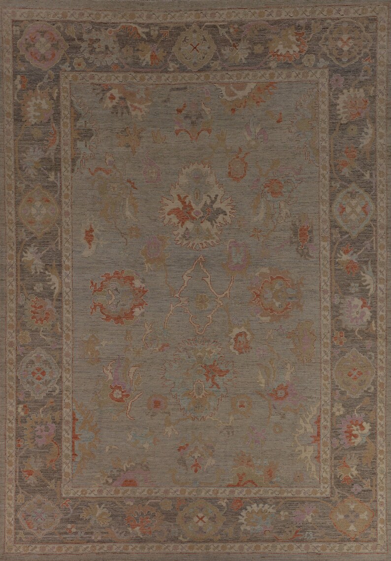 Handmade Beige / Brown Wool Carpet, Vegetable Dye Oushak Turkish Area