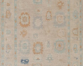 Muted Hand-Knotted Oushak Turkish Area Rug 5x8