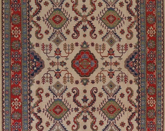 Beige Handmade Geometric Kazak Rug 9x12, Traditional Oriental Wool Carpet