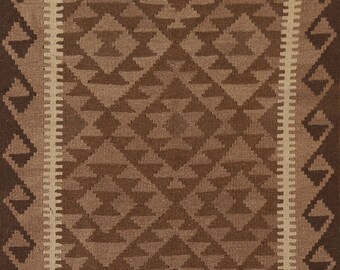 Brown Kilim Reversible Area Rug 3x5, Geometric Hand-Woven Wool Carpet