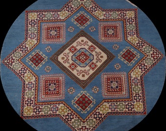 Blue Kazak Round Area Rug 7x7, Handmade Wool Carpet, Traditional Rug