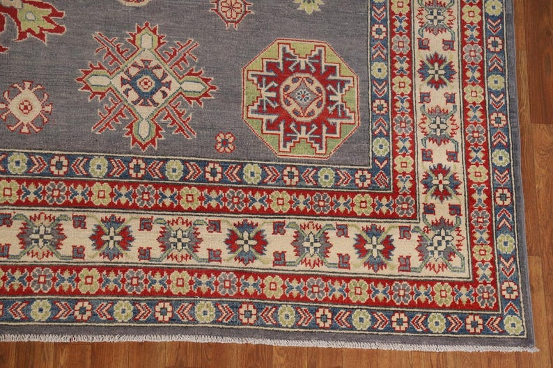 Kazak Oriental Area Rug 9x12, Handmade Gray Geometric Wool Carpet