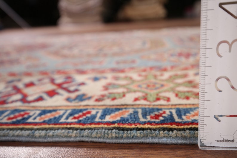 Handmade Light Blue Geometric Kazak Wool Accent Rug 4x6 Etsy Canada
