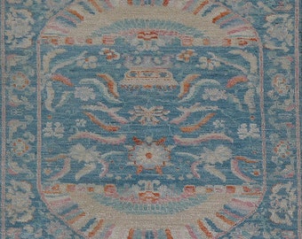 Light Blue Art Deco Chinese Runner Rug 3x12, Hand-Knotted Wool Carpet, Transitional Oriental Rug