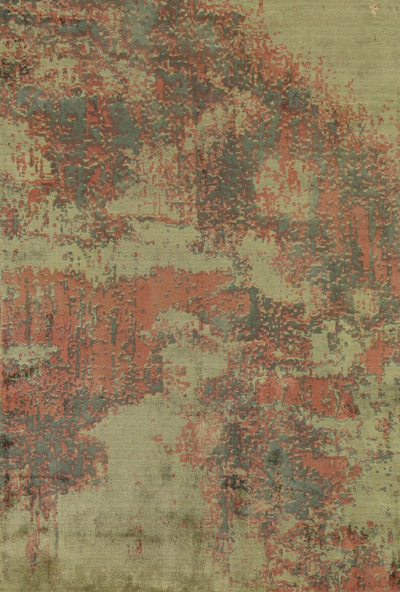 Green Modern Rug 4x6, Handmade Abstract Wool Carpet, Indian Area Rug