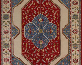 Hand-Knotted Geometric Kazak Rug 9x12, Traditional Oriental Wool Carpet