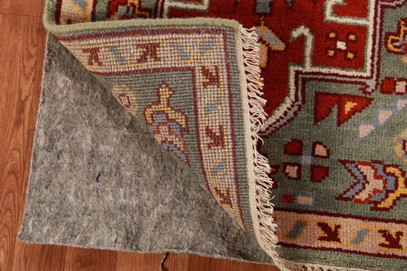 Green Geometric Khotan Indian Runner Rug 3x8, Handknotted Wool Carpet