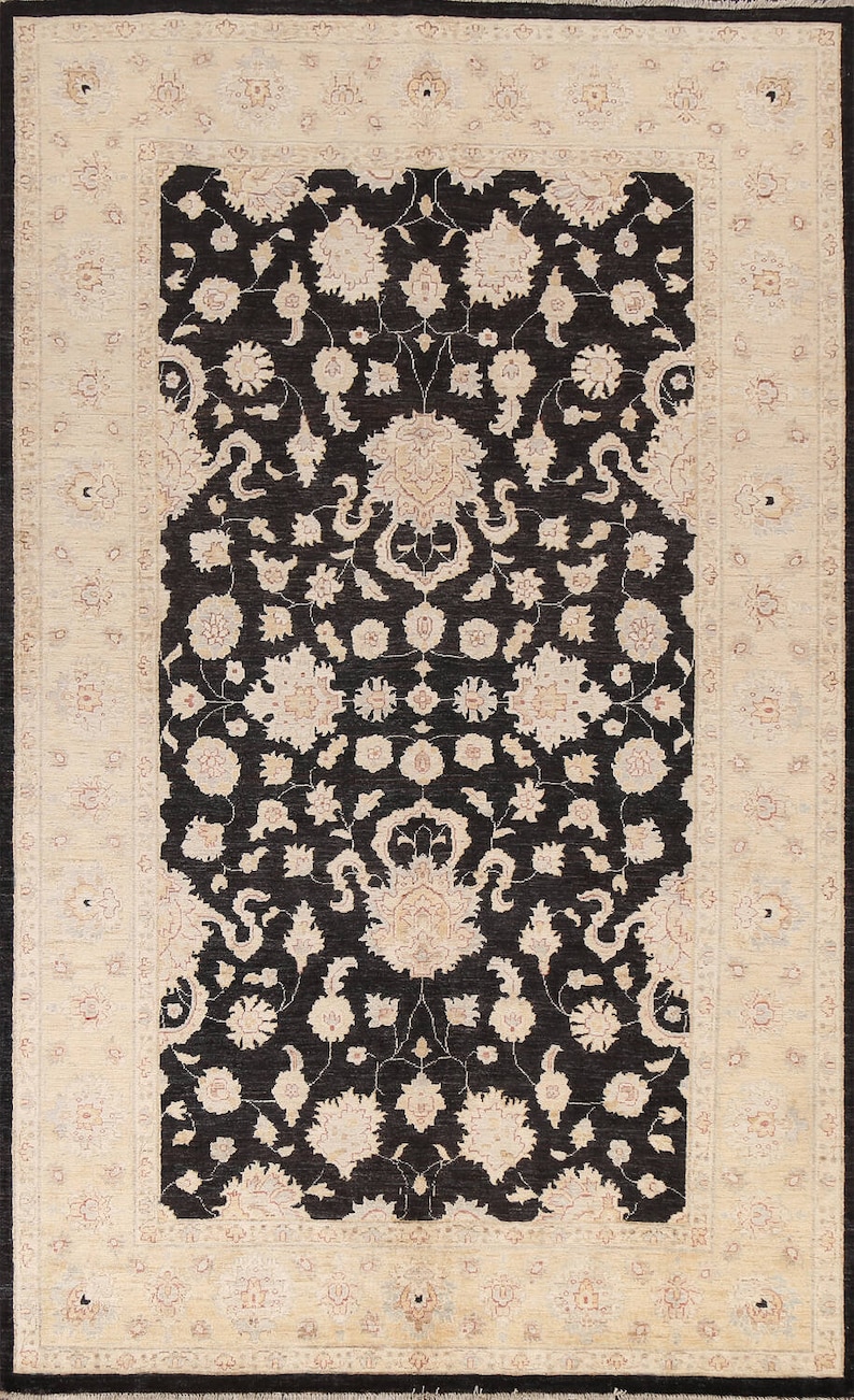 Black Traditional Chobi Peshawar Area Rug 6x9, Handmade Wool Carpet