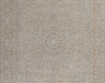 Vintage Distressed Area Rug 10x13, Beige Handmade Wool Carpet