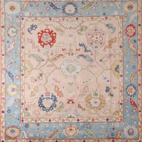 Handmade Transitional Peach Oushak Square Rug 8x8