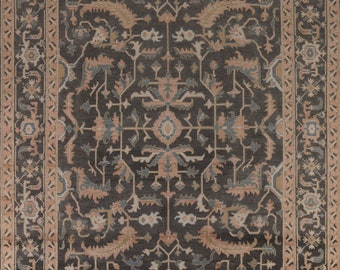 Handmade Gray / Charcoal Floral Oushak Style Area Rug 9x12