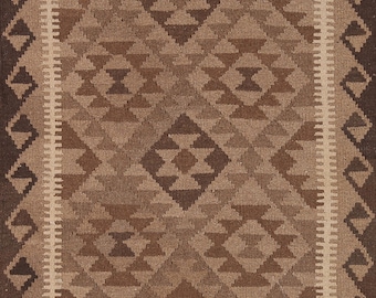 Flat-Weave Brown Kilim Area Rug 3x5, Reversible Wool Carpet, Geometric Foyer Rug