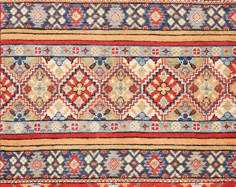 Handmade Kazak Oriental Area Rug 3x4, Geometric Wool Carpet