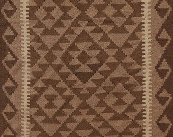 Kilim Brown Area Rug 3x5, Flat-Weave Reversible Wool Carpet