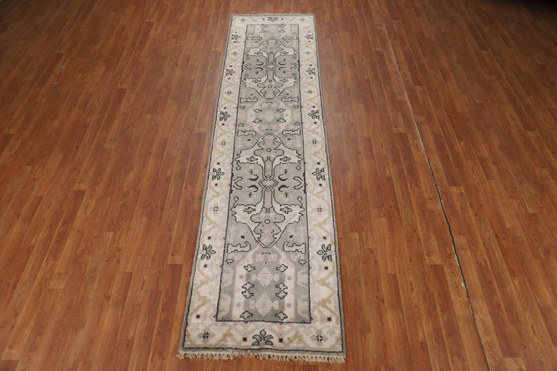 Gray & Ivory Wool Oushak Oriental Runner Rug 2x10 image 3