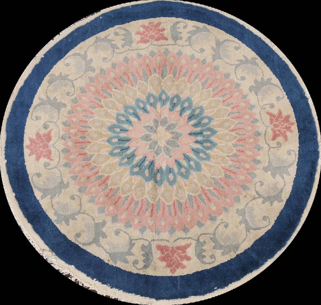 Vintage Art Deco Round Rug 3x3, Vegetable Dye Handmade Wool Carpet Etsy