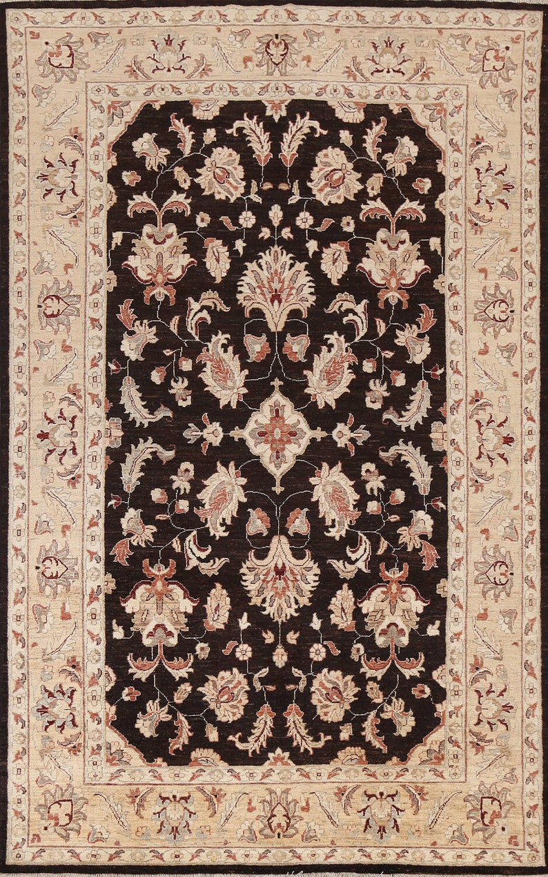Dark Brown Chobi Peshawar Oriental Rug 6x9, Wool Carpet, Vegetable Dye