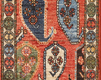 Handmade Super Kazak Rug 2x3, Vegetable Dye Wool Carpet, Geometric Foyer Rug