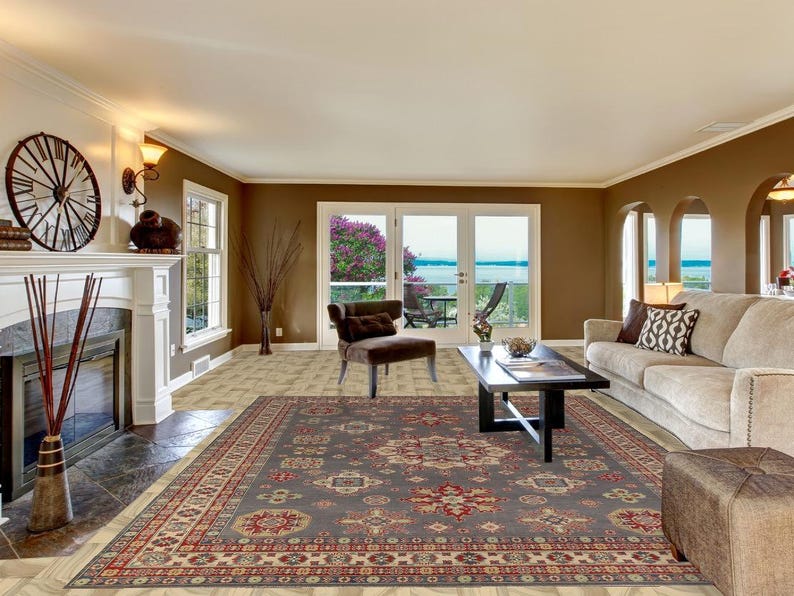 Kazak Oriental Area Rug 9x12, Handmade Gray Geometric Wool Carpet