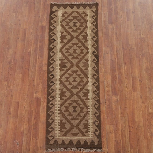 Flat-Weave Brown Kilim Reversible retailer Wool Runner Rug 2x6