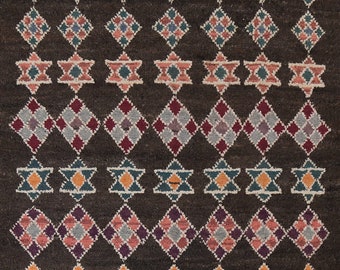 Black Geometric Moroccan Area Rug 8x11, Handmade Wool Carpet
