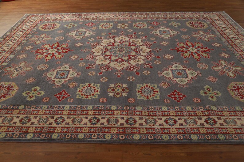 Kazak Oriental Area Rug 9x12, Handmade Gray Geometric Wool Carpet