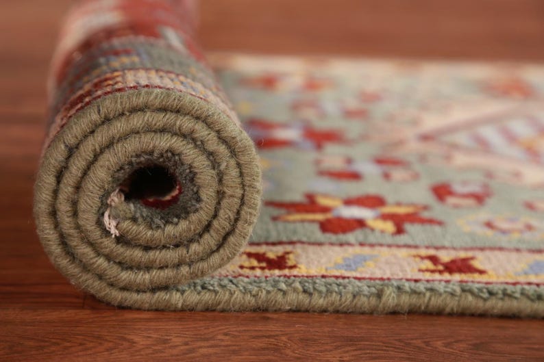 Green Geometric Khotan Indian Runner Rug 3x8, Handknotted Wool Carpet