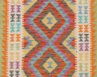 Flatweave Kilim Reversible Foyer Rug 3x4, Geometric / Oriental Wool Carpet