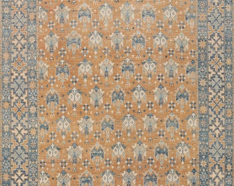 Orange Khotan Rug 8x10, 100% Vegetable Dye Hand-Knotted Wool Carpet