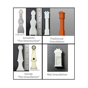 Puede incluir: Cuatro estilos diferentes de relojes de abuelo, incluyendo un reloj de abuelo tradicional, un reloj de abuelo de pared y dos variaciones de un reloj de abuela. Los relojes son todos blancos y tienen un diseño clásico.