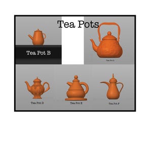 May include: A collection of five orange tea pots labeled Tea Pots, Tea Pot B, Tea Pot G, Tea Pot D, Tea Pot E, and Tea Pot F. Each tea pot features a distinct shape, including varied spouts, handles, lids, and body designs, presented in a grid.