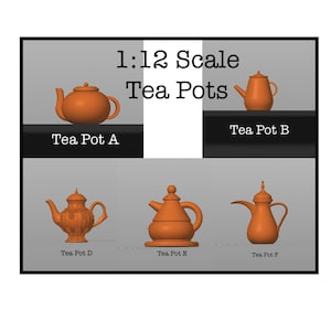 May include: Six terracotta teapots in various styles, labeled "Tea Pot A" through "F" and "1:12 Scale Tea Pots".