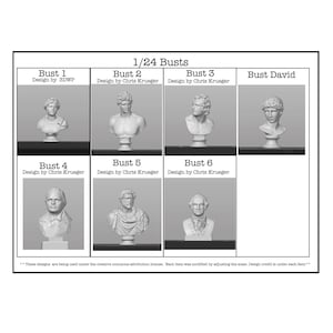 May include: A collection of six 1/24 scale busts, including a bust of David. The busts are all in grayscale and are displayed on a white background. The busts are designed by Chris Krueger and 3DWP.