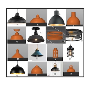 May include: Assortment of 16 pendant lights in various styles and colours, including black, brown, and green. Some lights have a cage design, while others have a more traditional bell shape. The lights are labelled with letters A through H.