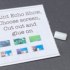 May include: A white card with the text "Paint Echo Show, Choose screen, Cut out and glue on". There are five small images of different screens on the card. A small white rectangle is on a black surface.