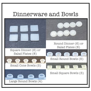 May include: An assortment of miniature white dinnerware and bowls. The image includes square and round plates, cone-shaped bowls, and small and large round bowls. Text on the image reads "Dinnerware and Bowls".