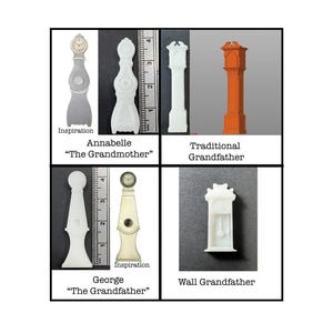 Puede incluir: Cuatro estilos diferentes de relojes de pie, incluyendo un reloj de pie tradicional, un reloj de pie de pared y dos variaciones de un reloj de pie alto y delgado. Los relojes son todos blancos y tienen un diseño clásico.