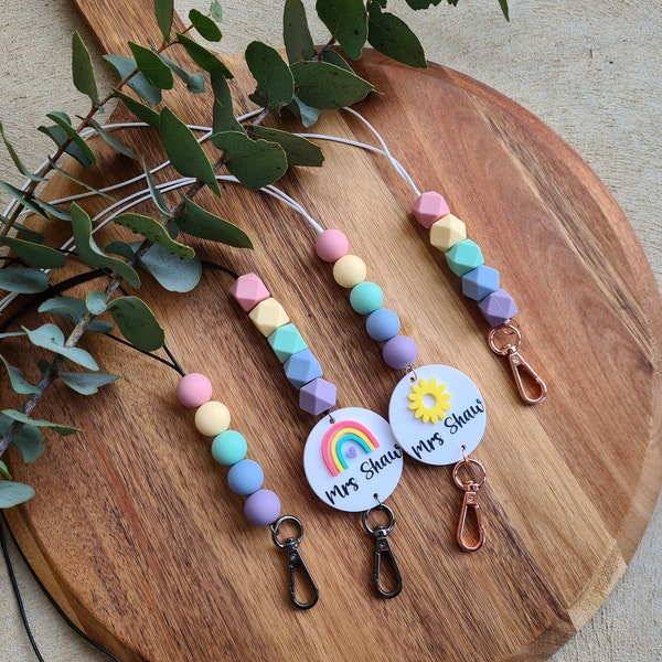 Handmade Personalised Rainbow Lanyard | Teacher Lanyard Gift | Teacher Gift | Nurse Lanyard Gift  | Silicone Beaded Lanyard Gift | Sunflower