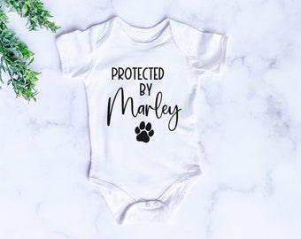 Personalised Baby Bodysuit Pregnancy Announcement | Baby Onesie | Baby Reveal | Custom Bodysuit | Dog and Baby | Protected by dog