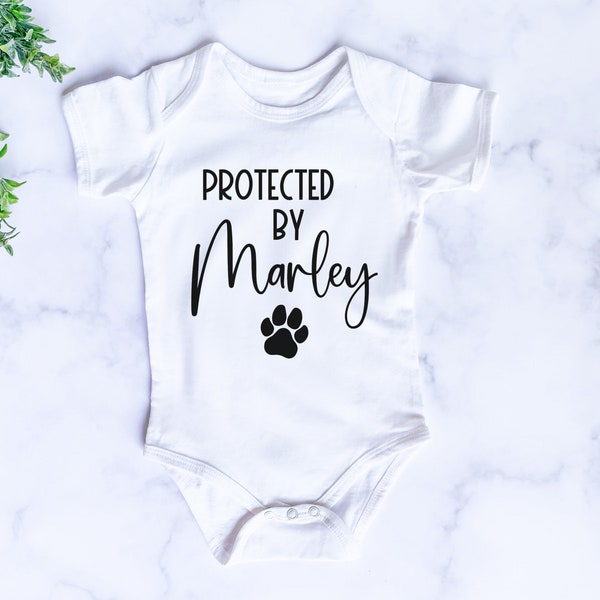 Personalised Baby Bodysuit Pregnancy Announcement | Baby Onesie | Baby Reveal | Custom Bodysuit | Dog and Baby | Protected by dog