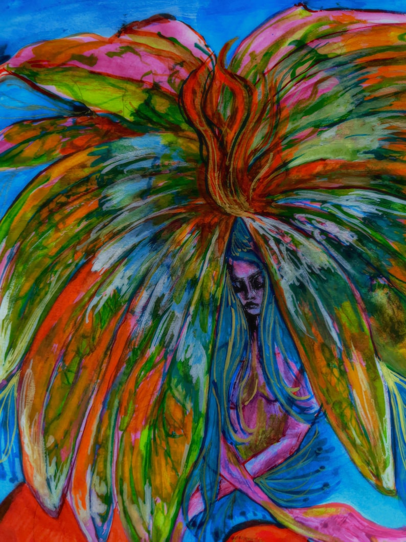 Psychedelic Whimsical Mother Earth Mushroom Flower Fairy Goddess Watercolor 1970/'s color scheme Fine Art Print