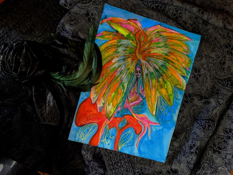 Psychedelic Whimsical Mother Earth Mushroom Flower Fairy Goddess Watercolor 1970/'s color scheme Fine Art Print